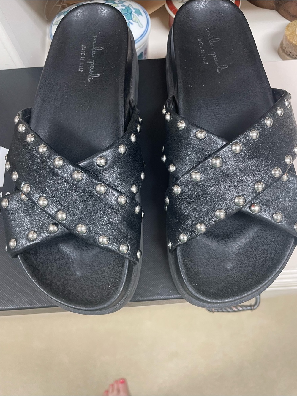 Mila Paoli Black Studded Cross-Band Slide Mules